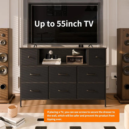 Black 55" TV Stand with 8 Drawers, Fabric Chest of Drawers, Power Outlets and LED Lights