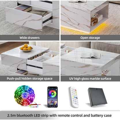LED Coffee Table, 43" UV High Gloss Table with 2 Drawers & Hidden Storage Compartment & Open Compartments