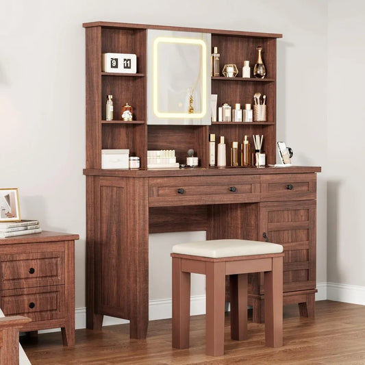 Makeup Table Set with Drawers, Upholstered Stool