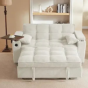 65'' 3-in-1 Queen Size Pullout Sofa, Modern Chenille Fabric, 360° Swivel Side Table
