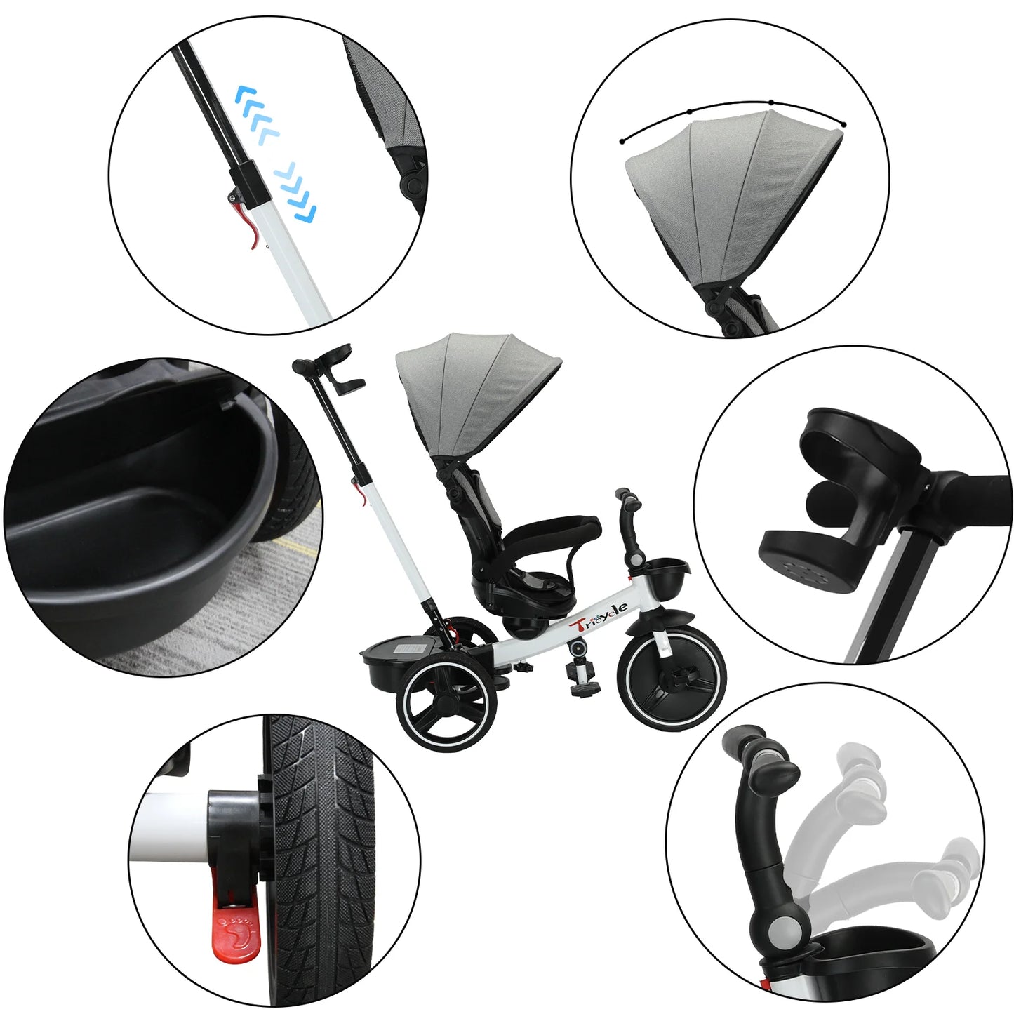 Stroller Tricycle Ride Bike , 5-in-1, Adjustable Canopy, Sitting & Lying, Assembly,1-5 Years