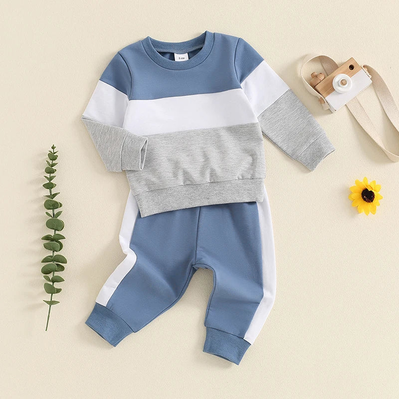3-24 MO & 3T Boy Pants Set, Long Sleeve, Round Neck Sweatshirt. Drawstring Long Pants Contrast Color Outfits