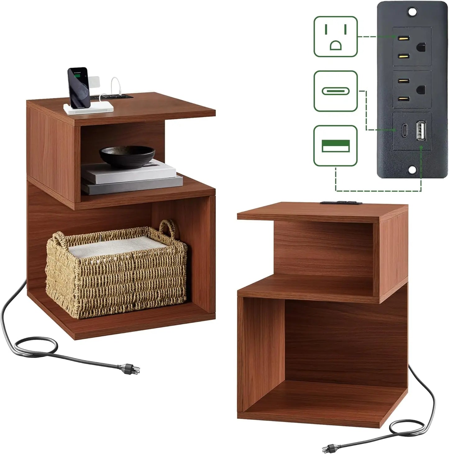Set of 2 Side Tables with Charging Station, Storage, End Table with USB Ports