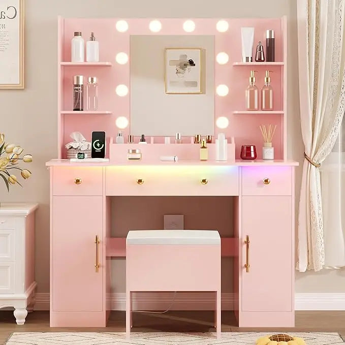 Makeup Desk with Mirror & Lights: Charging Station, 3 Drawers & Stool
