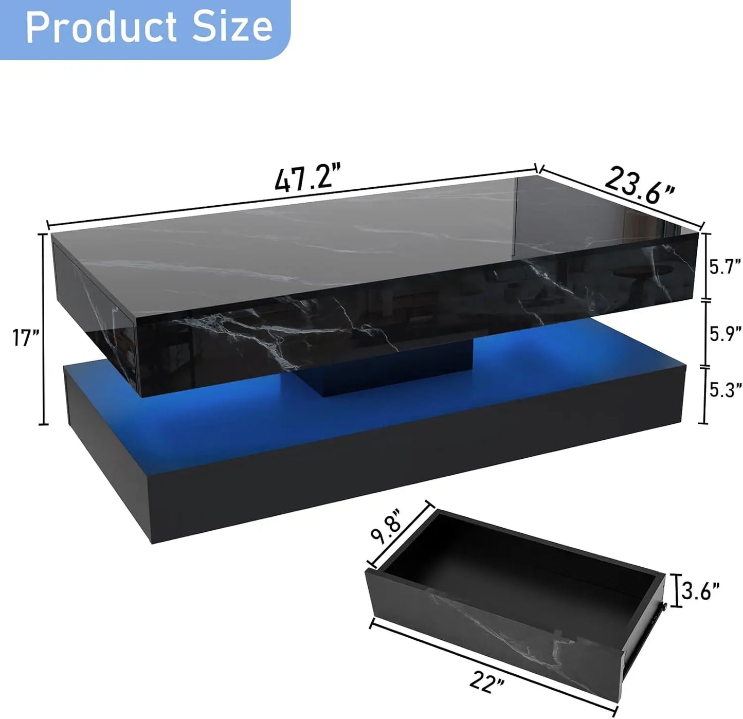 Modern Stylish Coffee Table with 2 Storage Drawers and LED lights