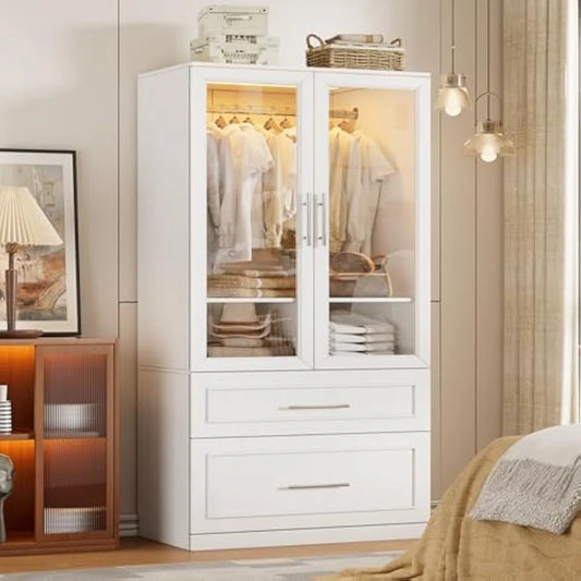 71" 2 Doors Armoire Wardrobe Closet with 2 Drawers and LED