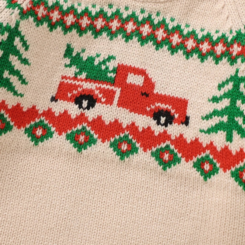 9 MO-3T Boy Christmas Sweater, Round Neck, Truck Print Knit Pullover