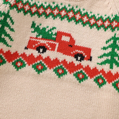 9 MO-3T Boy Christmas Sweater, Round Neck, Truck Print Knit Pullover