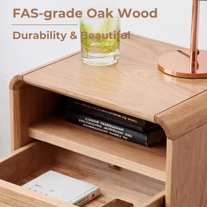 100% Solid Oak Wood Nightstand with Drawer & Storage Shelf