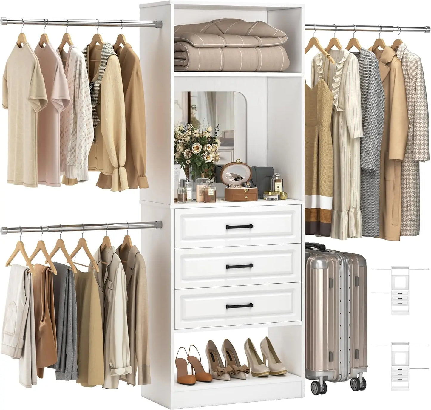 48" W - 96” W Closet System with Mirror, 8FT Walk in Closet Organizer Kits with Drawers and 3 Extendable Hanging Rod