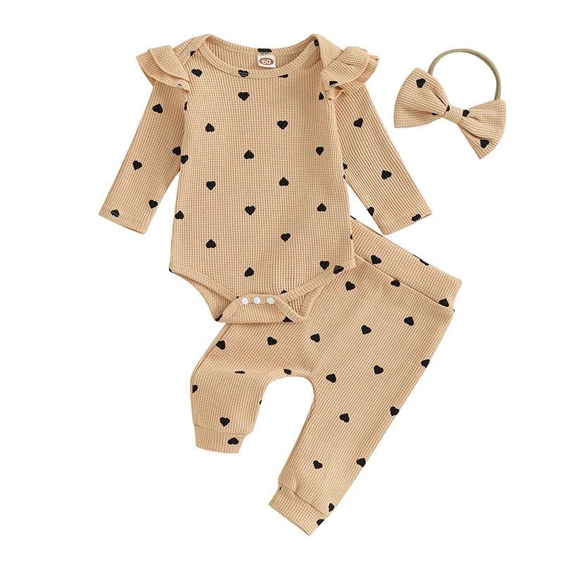 3-24MO Baby Girl Set Waffle Knit, Heart Long Sleeve Romper Pants Headband