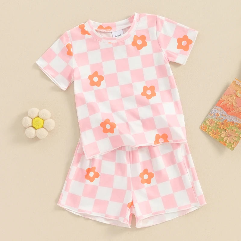 12 MO-4T Floral Checkerboard Print Short Sleeve O-neck T-shirts+Elastic Waist Shorts Tracksuit