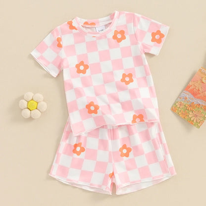 12 MO-4T Floral Checkerboard Print Short Sleeve O-neck T-shirts+Elastic Waist Shorts Tracksuit