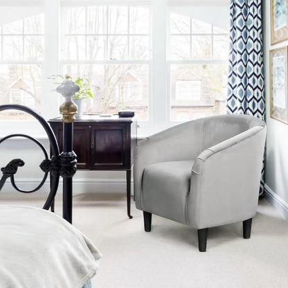 Velvet Upholstered Barrel Chair with Armrest and Low Back