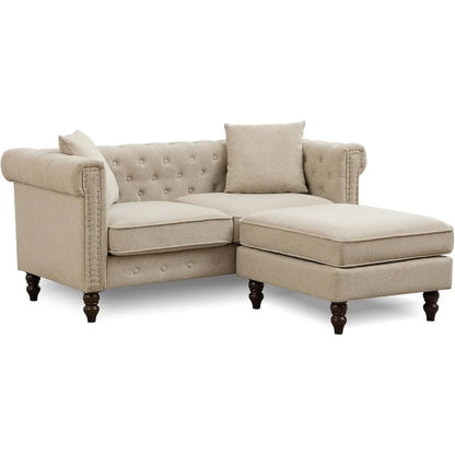 62" Tufted Linen Loveseat with Gourd Wooden Legs, Nailhead Trim and Flared Arms,