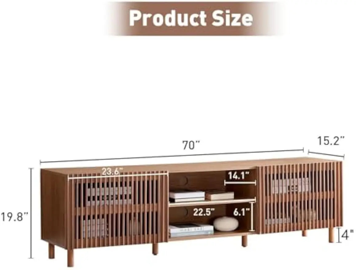 70" TV Stand for TV up to 75", Slatted Entertainment Center with Storage and Open Shelves