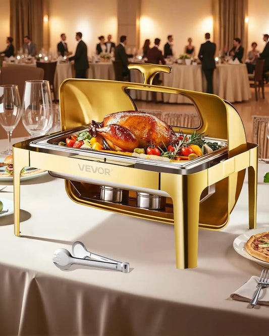 Roll Top Chafing Dish Buffet Complete Set, 9Qt Stainless Steel Chafer with Full Size Pan, Rectangle Catering Warmer Server