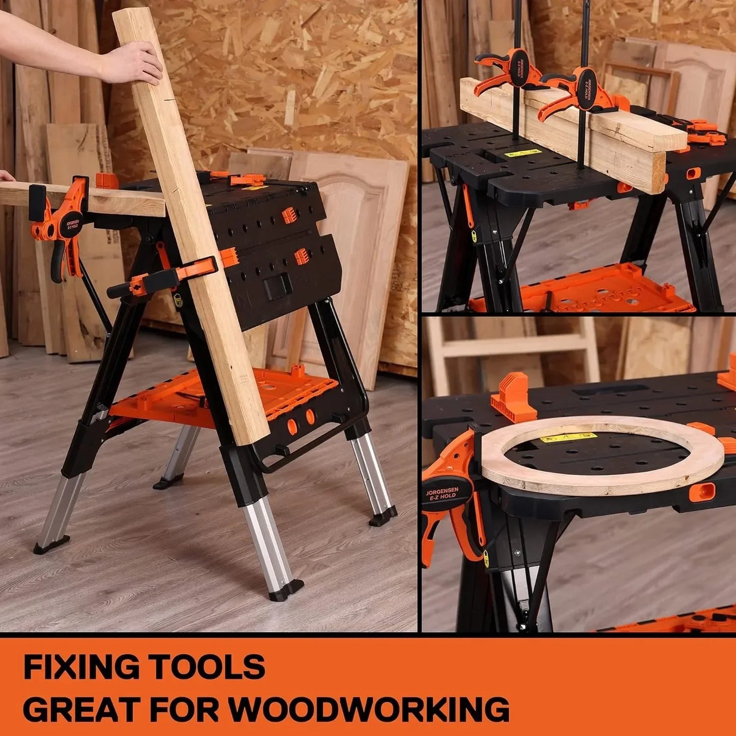 2-in-1 as Sawhorse & Workbench, Load Capacity 1000 lbs-Sawhorse & 500 lbs-Workbench