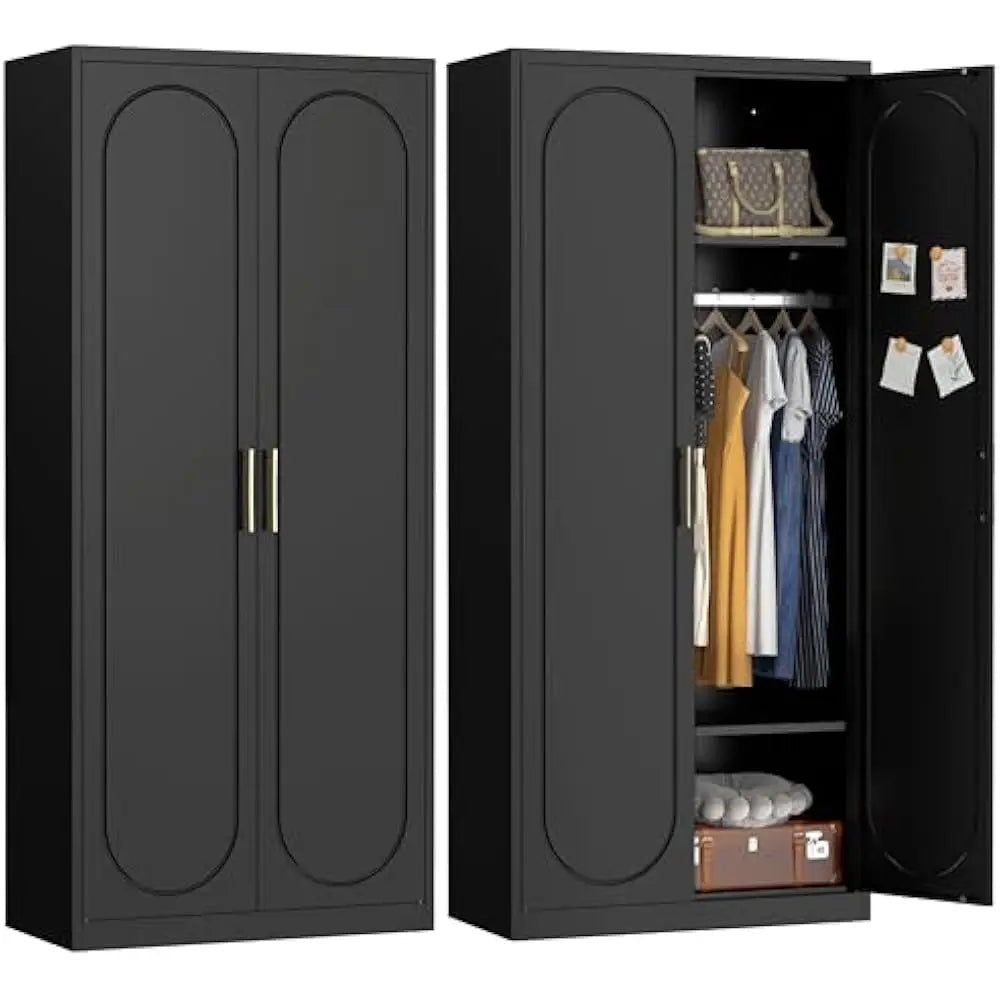 71'' Wardrobe Cabinet w/Doors & Hanging Rod, Metal Closet with 2 Adjustable Shelves