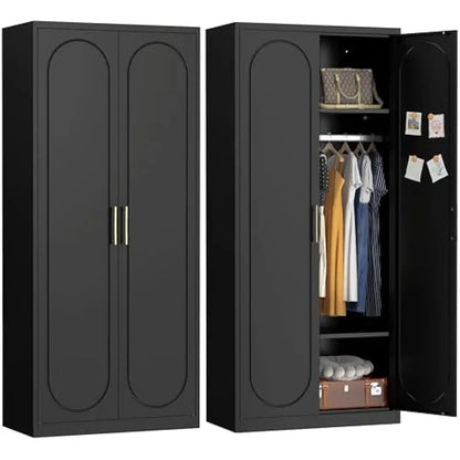 71'' Wardrobe Cabinet w/Doors & Hanging Rod, Metal Closet with 2 Adjustable Shelves