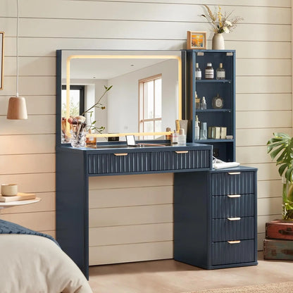 43.5'' Vanity Desk with Mirror and Lights, with 6 Drawers and Adjustable Shelves, Glass Top