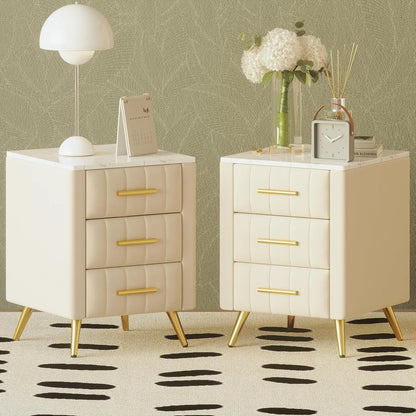 Nightstand with Drawers Set of 2, Upholstered Wood with Marbling Top