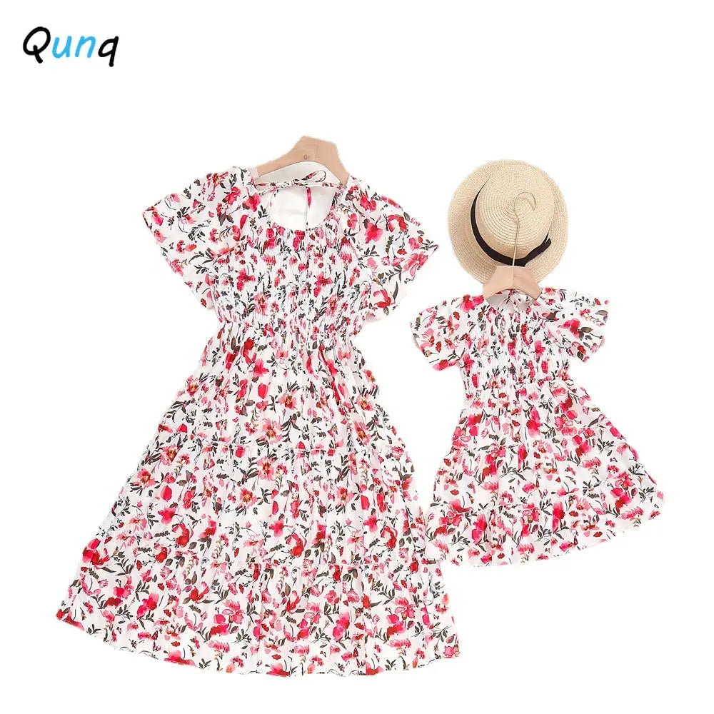 Sweet Dress Mommy And Daughter Matching Outfit, Square Collar, Fashion Print, Ruffle Sleeve