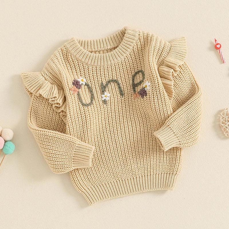 6-18 MO Birthday Sweater, Floral Letter Embroidery, Warm Knitted Pullover