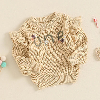 6-18 MO Birthday Sweater, Floral Letter Embroidery, Warm Knitted Pullover