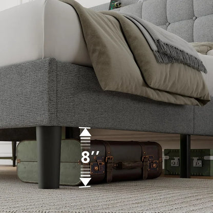 Queen Upholstered Bed Frame w/Charging & Storage, No Box Spring Needed