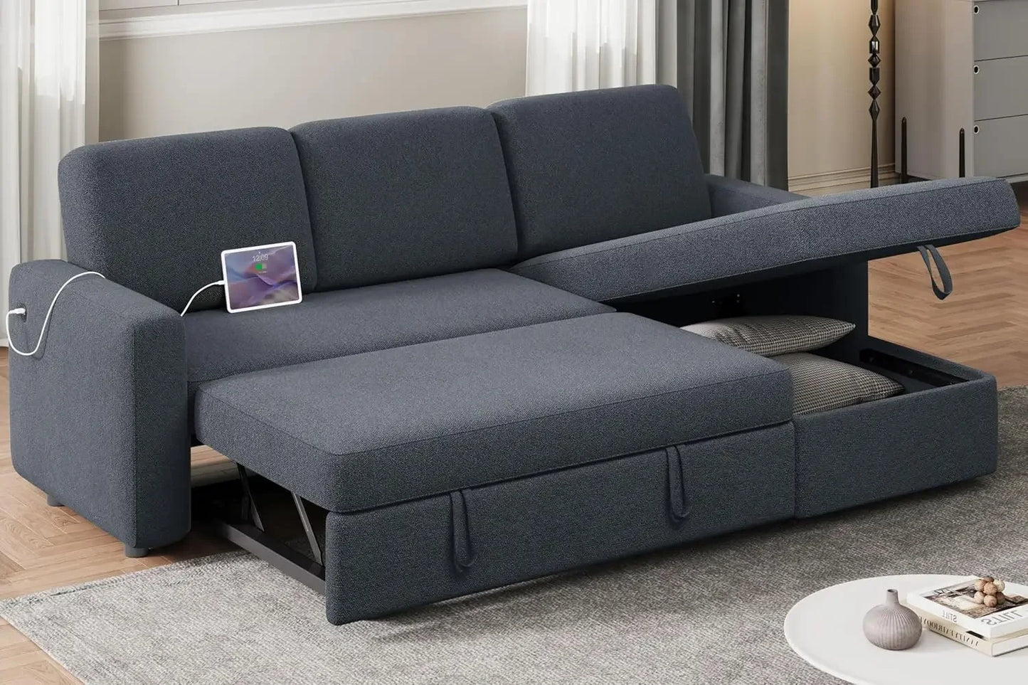 Reversible Couch Sleeper w/Pull Out Bed , USB & Storage Space