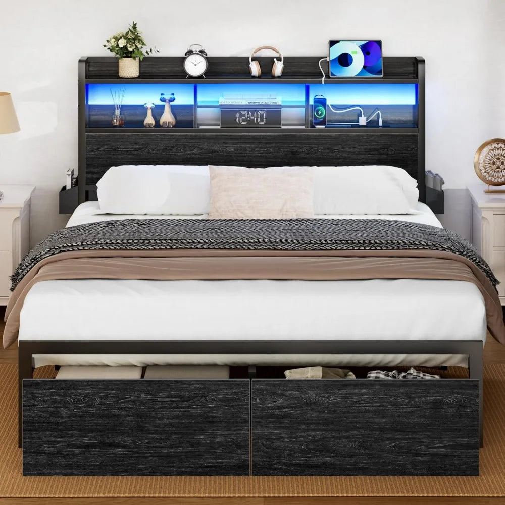 Metal Platform Bed Frame with Storage Drawers and Shelf, LED Lights and Charging Station