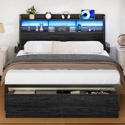 Metal Platform Bed Frame with Storage Drawers and Shelf, LED Lights and Charging Station