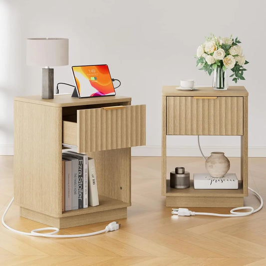 Set of 2 18" Side Tables with Charging Station, Drawer & Open Shelf
