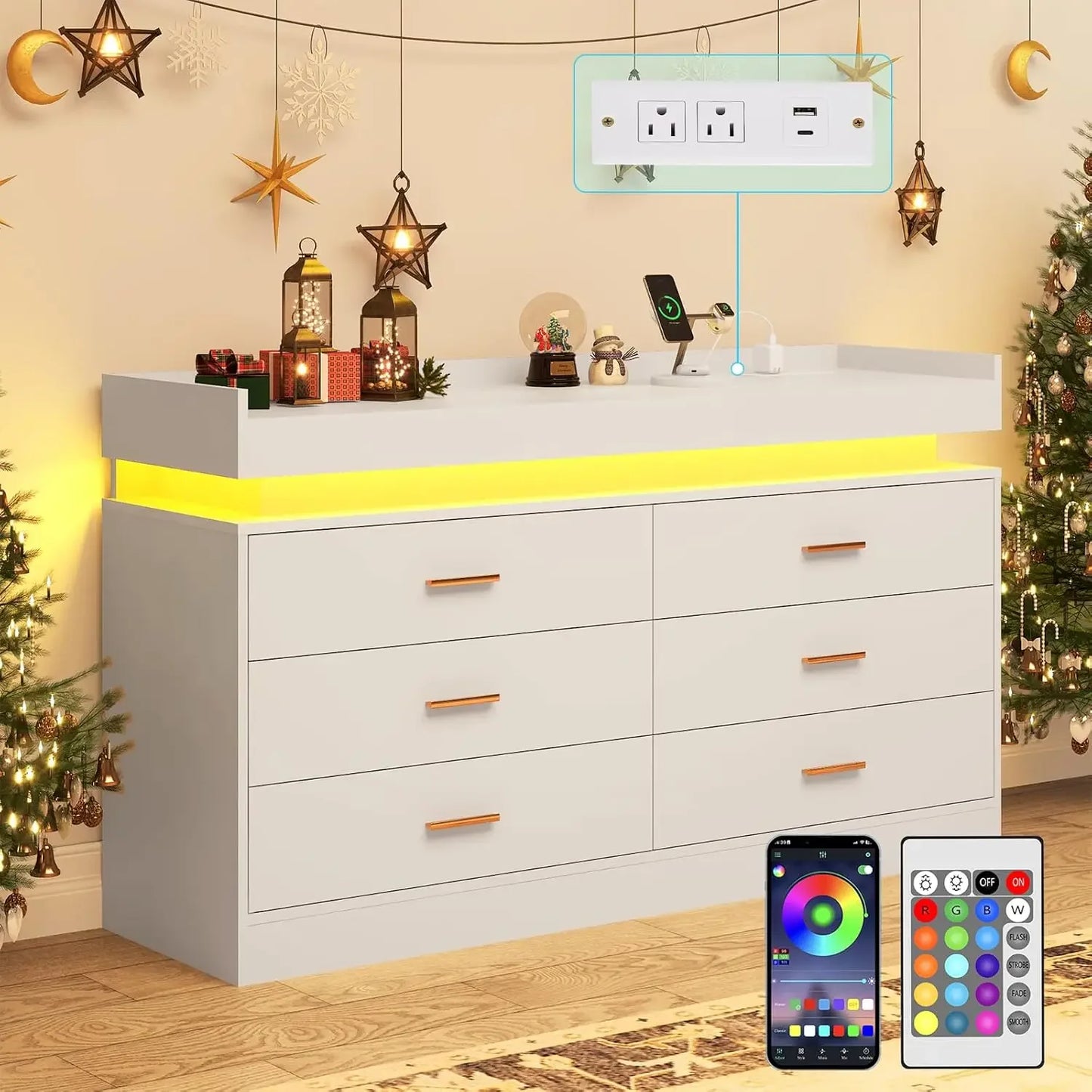 9 Drawer Dresser with Charging Station and LED Lights, Power Outlet