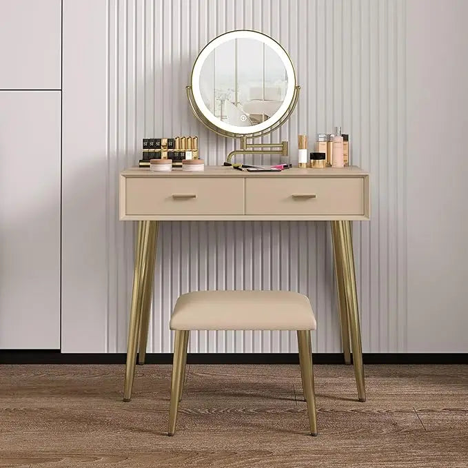 Vanity Desk Set with 360° Rotating Mirror and Lights, with Microfiber Leather, with 2 Drawers,