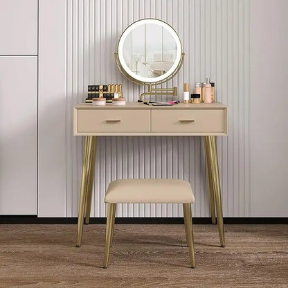 Vanity Desk Set with 360° Rotating Mirror and Lights, with Microfiber Leather, with 2 Drawers,