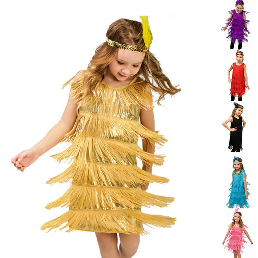 4-12 yo Girls Flapper Dress, Sequins Fringe, Tassel Tango