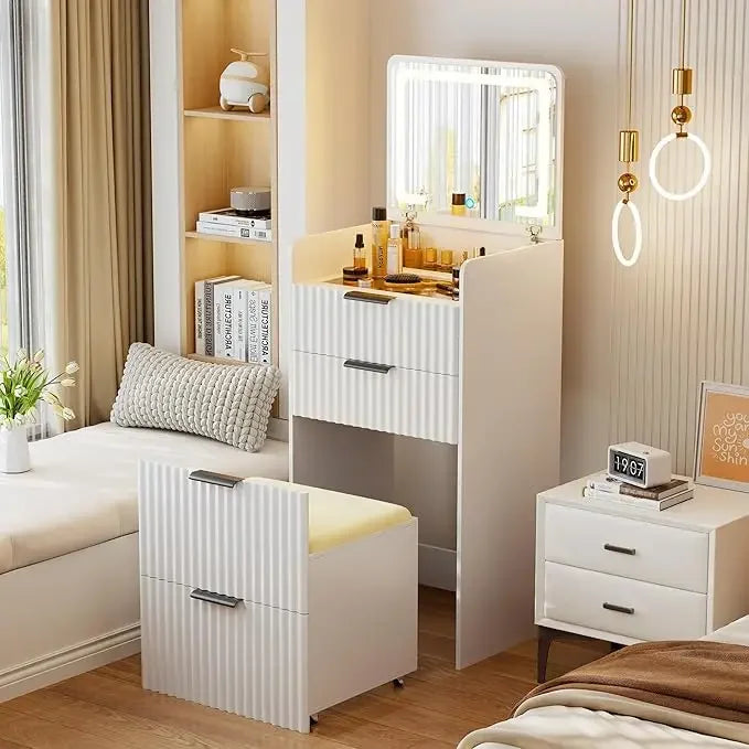3 in 1 Small Vanity Set w/ Glass Desktop, 3 Drawers & Storage