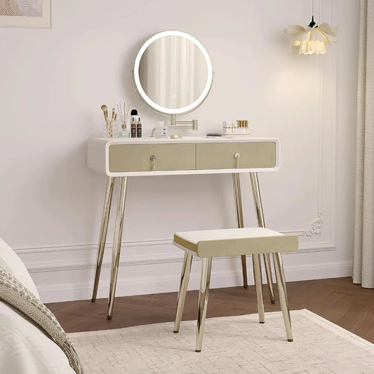 Vanity Desk Set with 360° Rotating Mirror and Lights, with Microfiber Leather, with 2 Drawers,