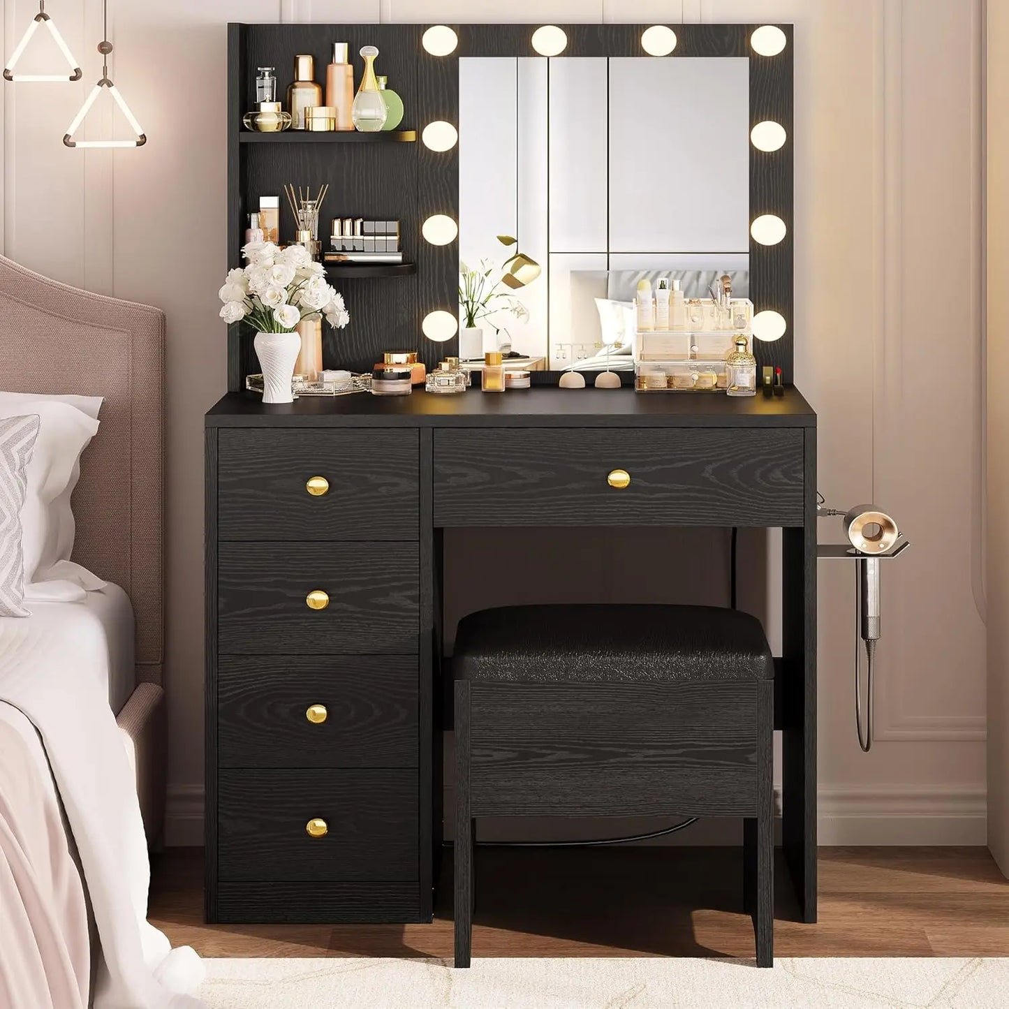 Vanity/Desk with Mirror and Lights with 5 Drawers
