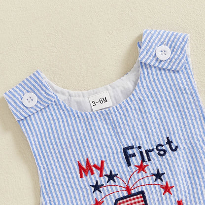 0-24 mo. Baby Boy 4th of July Romper, Star Letter Striped Sleeveless Overall Bodysuit