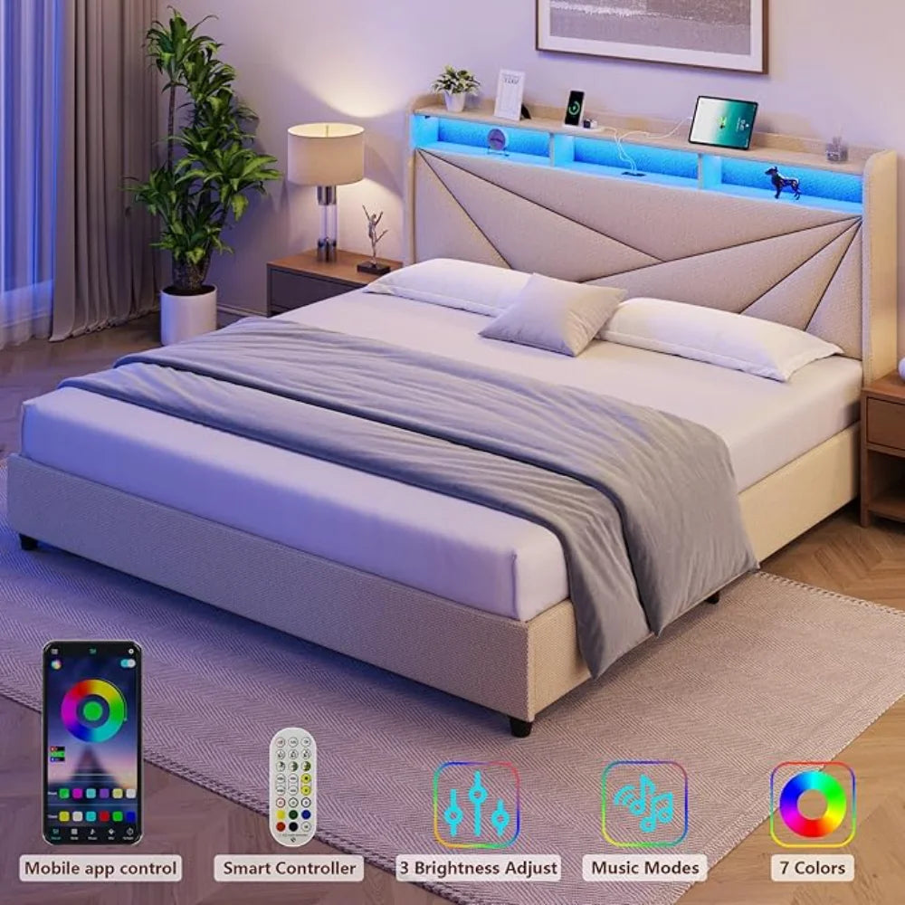 King Size Bed Frame with Storage, Lift Up Upholstered King Bed Frame with LED Lights Headboard and Charging Station, No Box Spring