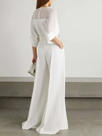 Elegant V-neck, Mesh Patchwork Raglan Sleeve, Belted Wide Leg Jumpsuit