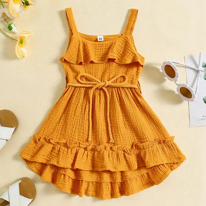 6 MO-4Y Girl Summer Dress, Casual Sleeveless, Square Neck, Belted Dress