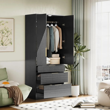 71.7" Wardrobe Armoire Wooden Closet with 2 Doors and 3 Drawers, with Hanging Rod Shelf, Large Capacity Storage
