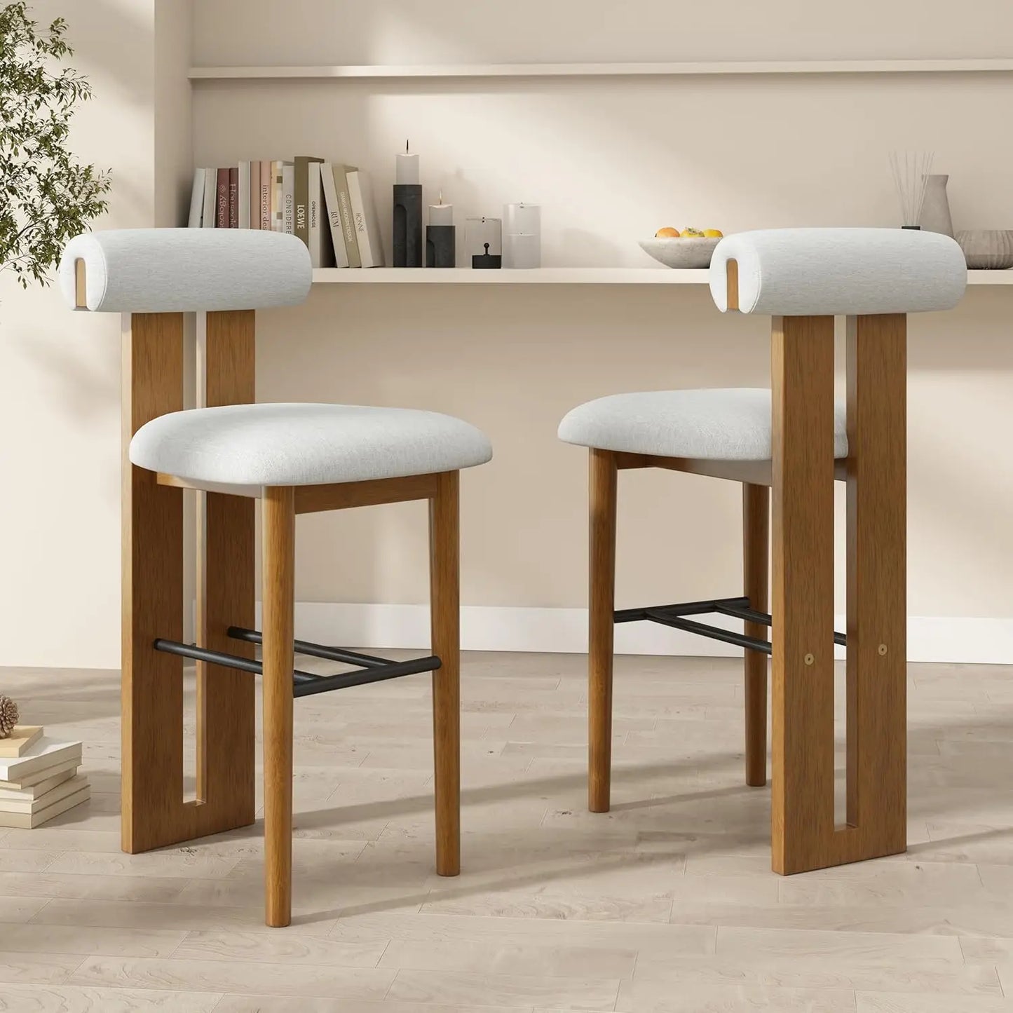 Set of 2 Wood Upholstered Barstools,Walnut Finish, Rubberwood Frame