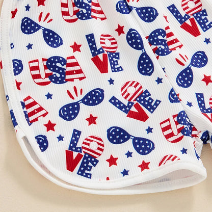 18MO-5T Girls Jumpsuit Tie-up Spaghetti Straps Stars Print Romper 4th of July