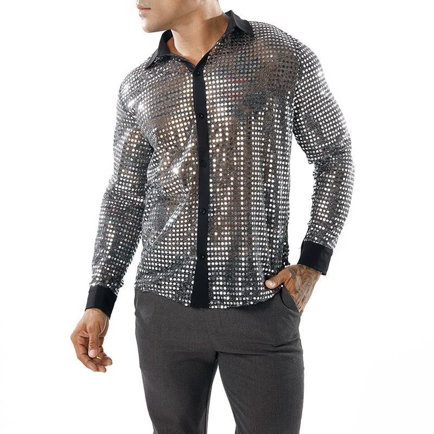 Glitter Sequin Shirt, Men's Long Sleeved Performance Wear, 70s Disco, Lapel Neck, Slimming Sparkle Compression Shirts With Button