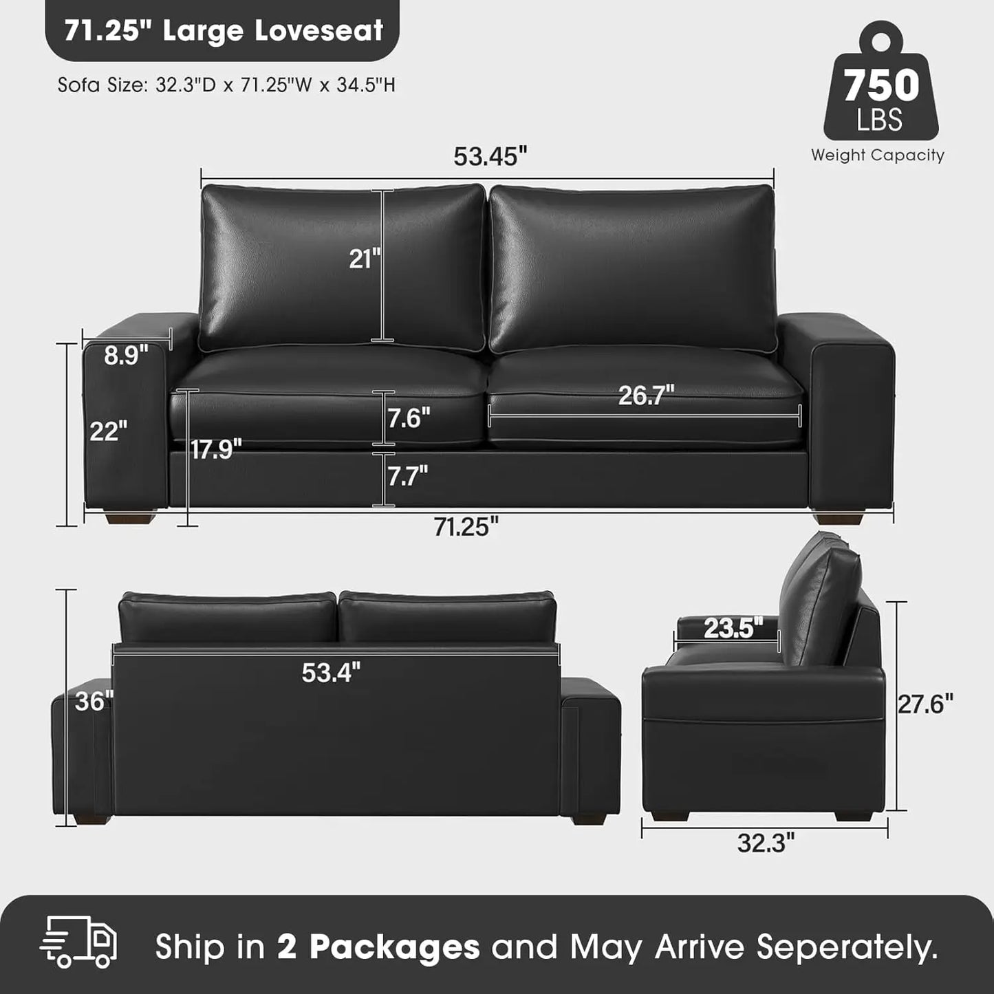 Faux Leather Loveseat with Wide Arm, Side Pockets, Solid Wooden Frame